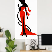Elegant vrouw silhouette rode jurk met wijnglas poster (Thuiskantoor)