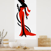 Elegant vrouw silhouette rode jurk met wijnglas poster (Keuken)