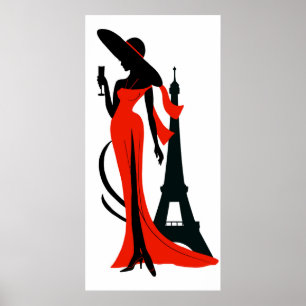 Elegant vrouw silhouette rode jurk met wijnglas poster