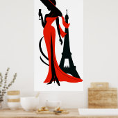 Elegant vrouw silhouette rode jurk met wijnglas poster (Keuken)