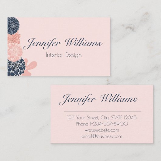 Elegant vrouwelijk marineblauw en blush roze bloem visitekaartje (Voorkant / Achterkant)