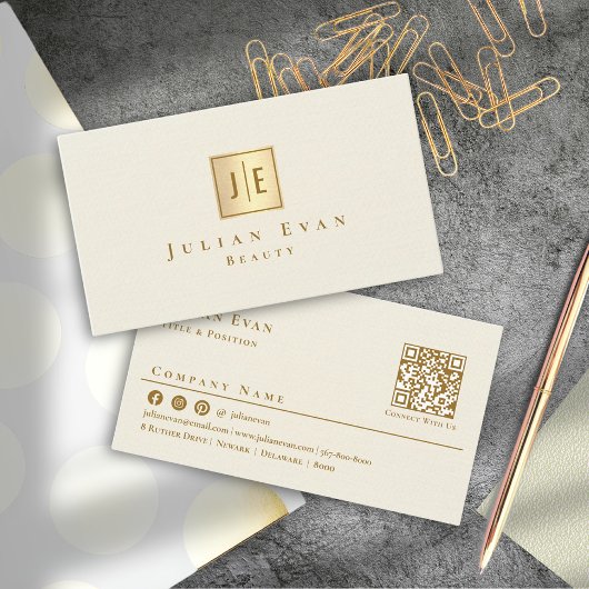 Elegant vrouwelijk romig goud glitter monogram visitekaartje