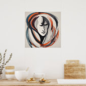 Elegant Vrouwen Gezicht Bruin Blauw Kunstwerk Abst Poster (Keuken)