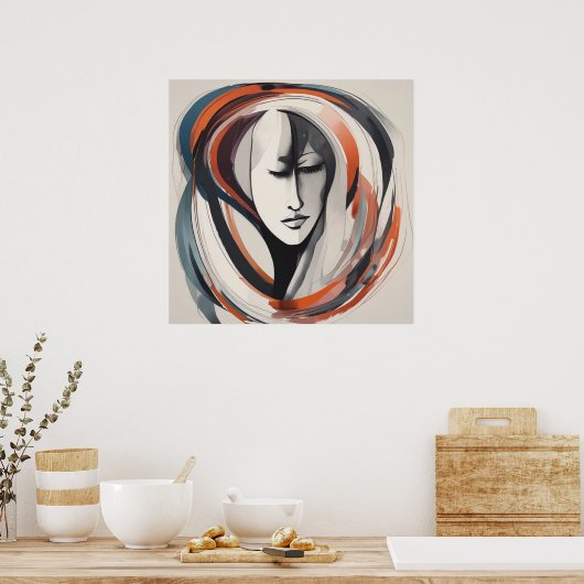 Elegant Vrouwen Gezicht Bruin Blauw Kunstwerk Abst Poster (Keuken)