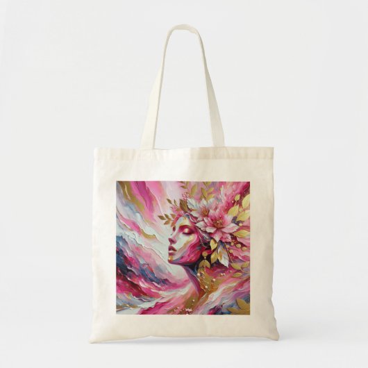 Elegant vrouwengezicht met roze bladeren canvas ta tote bag (Voorkant)