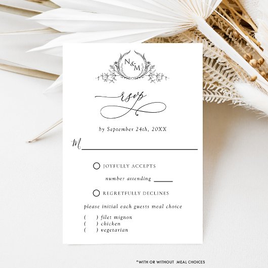 Elegant W./Zonder maaltijden Monogram wit en zwart RSVP Kaartje