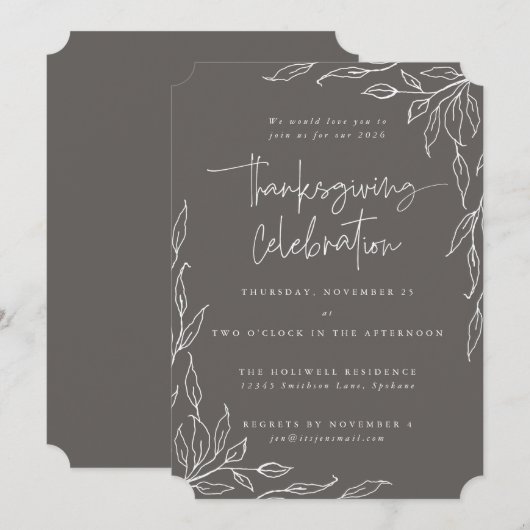 Elegant Warm Grey Modern Leaf Motif Thanksgiving Kaart (Voorkant / Achterkant)