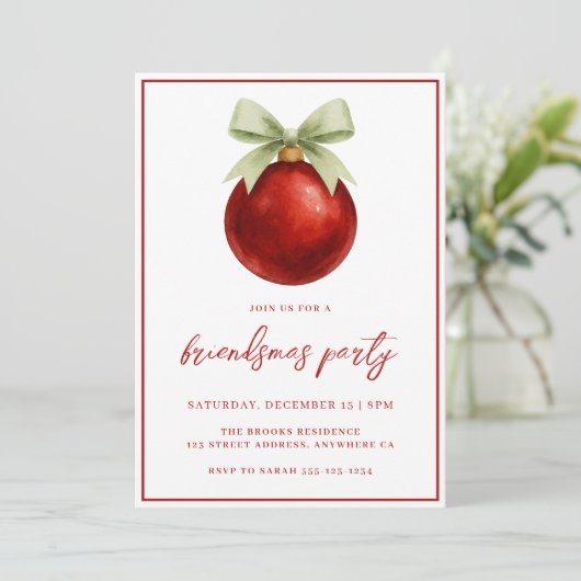 Elegant Watercolor Bauble & Bow Friendsmas Party Kaart (Staand voorkant)