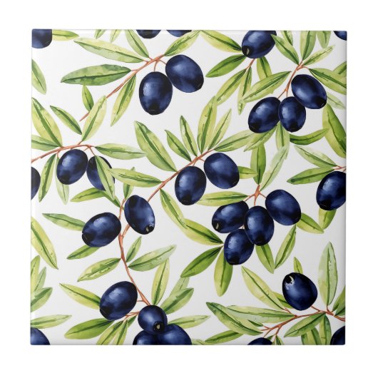 Elegant Watercolor Black Olives Seamless Pattern  Tegeltje (Voorkant)