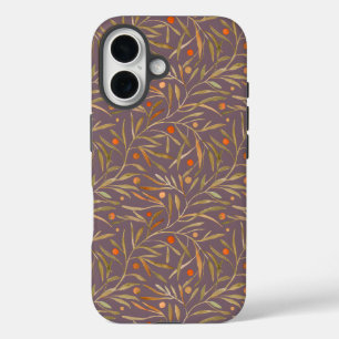 Elegant Watercolor Bladpatroon Paarse Achtergrond iPhone 16 Hoesje