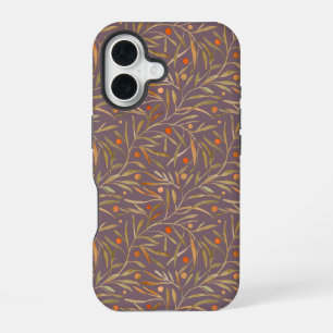 Elegant Watercolor Bladpatroon Paarse Achtergrond iPhone 16 Hoesje