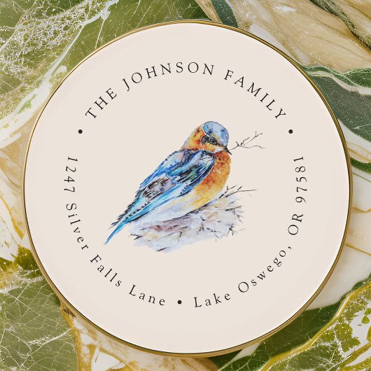 Elegant Watercolor Blauw Vogel Retouradres Ronde Sticker