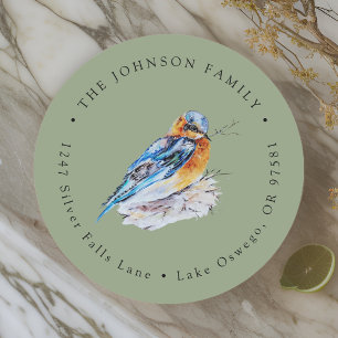 Elegant Watercolor Blauw Vogeltje Retouradres Ronde Sticker