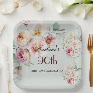 Elegant Watercolor Bloemen 90ste Verjaardagsfeest  Papieren Bordje