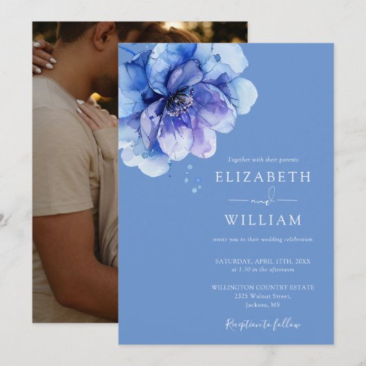 Elegant Watercolor Blue Floral Photo Wedding Kaart (Voorkant / Achterkant)