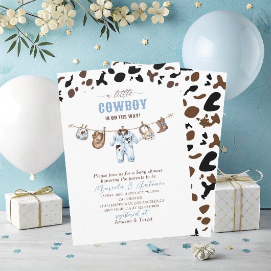 Elegant  Watercolor Blue Little Cowboy Baby Shower Kaart