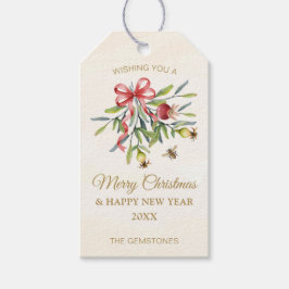 Elegant Watercolor Botanical Red Bow Holiday Cadeaulabel