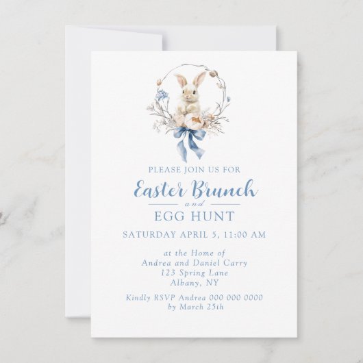 Elegant Watercolor Bunny Blue Bow Easter Brunch Kaart (Voorkant)