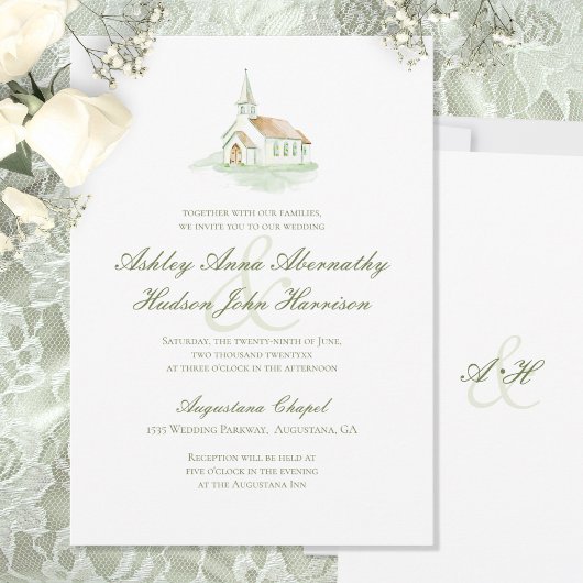 Elegant Watercolor Chapel Wedding  Kaart