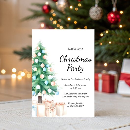 Elegant Watercolor Christmas Tree Party Invitation Kaart