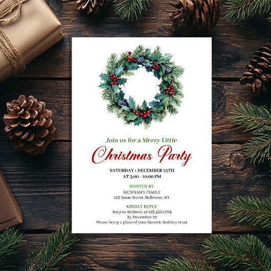 Elegant watercolor Christmas wreath dinner invite Kaart