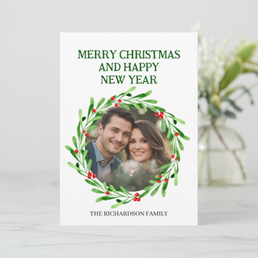 Elegant Watercolor Christmas Wreath Photo Feestdagenkaart (Staand voorkant)