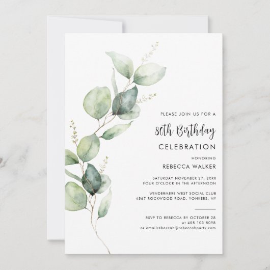Elegant Watercolor Eucalyptus 80th Birthday Party Kaart (Voorkant)