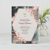 Elegant Watercolor Floral Copper Rose Teal Wedding Kaart (Staand voorkant)