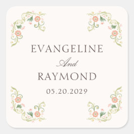 Elegant Watercolor Floral Rococo Wedding  Vierkante Sticker