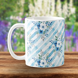 Elegant Watercolor Floral Stripe Blue Cottagecore Koffiemok
