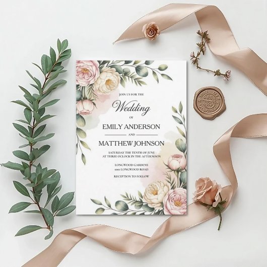 Elegant Watercolor Floral Wedding Invitation Kaart