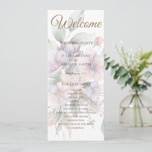 elegant watercolor floral wedding programme card (Staand voorkant)