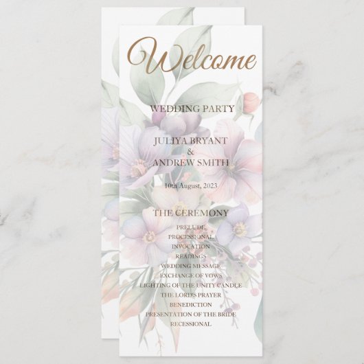 elegant watercolor floral wedding programme card (Voorkant / Achterkant)