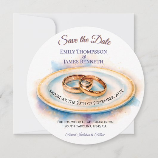 Elegant Watercolor Golden Rose Wedding Rings Save The Date (Voorkant)