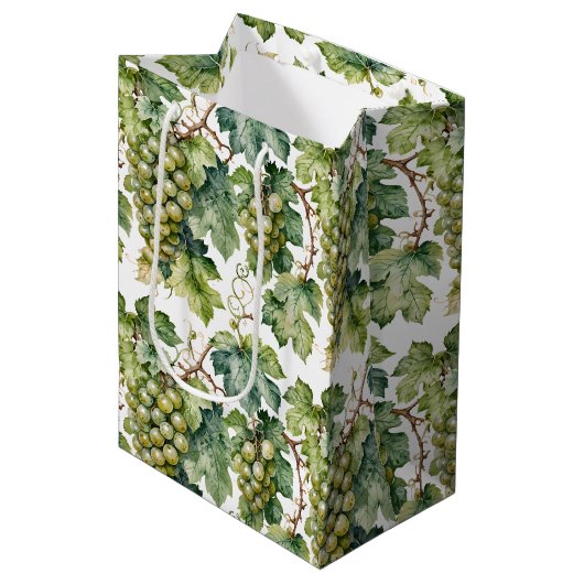 Elegant Watercolor Green Grape and Vine Pattern Medium Cadeauzakje (Voorkant Gekanteld)