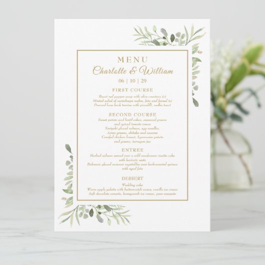 Elegant Watercolor Greenery Gold Dinner Menu (Staand voorkant)