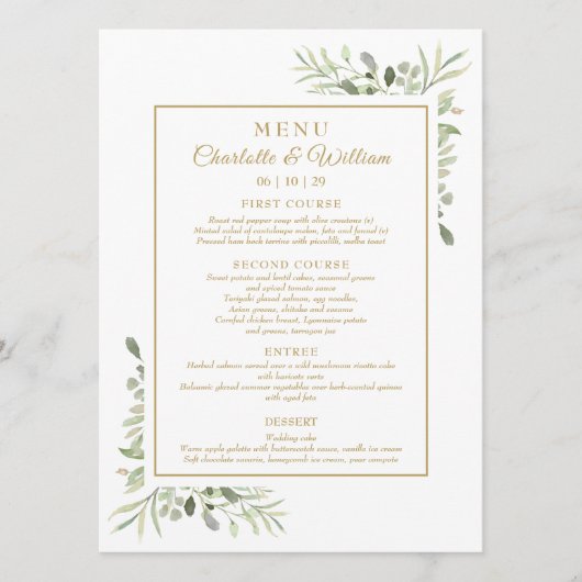 Elegant Watercolor Greenery Gold Dinner Menu (Voorkant)