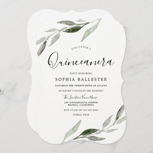 Elegant Watercolor Groene Blad Quinceanera Feest Kaart (Voorkant / Achterkant)