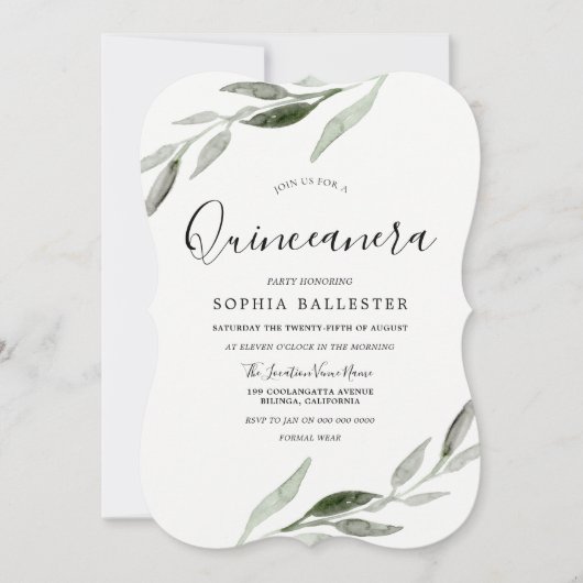 Elegant Watercolor Groene Blad Quinceanera Feest Kaart (Voorkant)