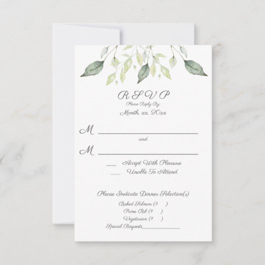 Elegant Watercolor Groene Bladeren Trouwfeest RSVP Kaartje (Voorkant)