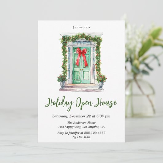 Elegant Watercolor Holiday Open House Christmas Kaart (Staand voorkant)