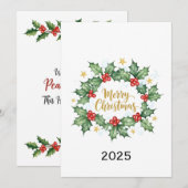 Elegant Watercolor Holly Merry Christmas Kaart (Voorkant / Achterkant)