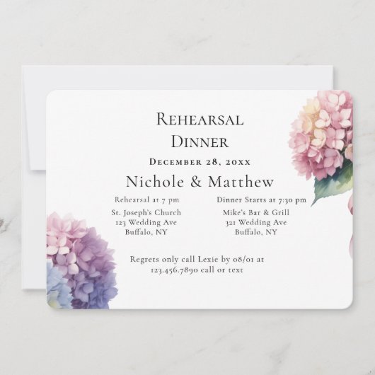 Elegant Watercolor Hydrangeas Rehearsal Dinner Kaart (Voorkant)