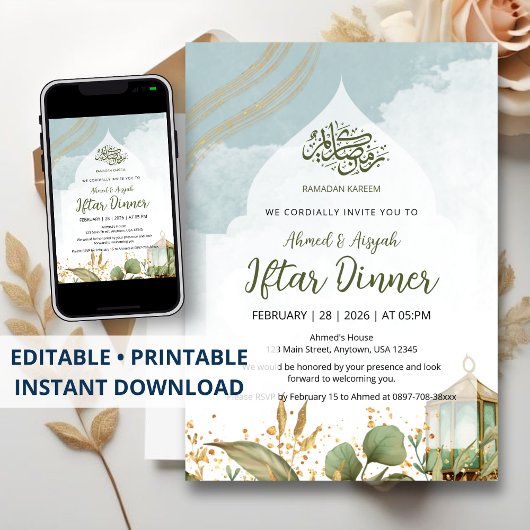 Elegant Watercolor Iftar Invitation Gold Leaves Kaart