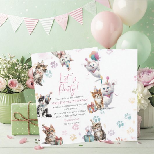 Elegant  Watercolor Kitten Cat 2nd Birthday  invit Kaart