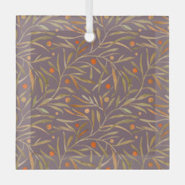 Elegant Watercolor Leaf Pattern  Purple Background Glas Ornament