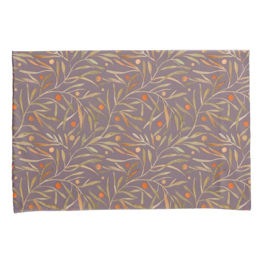 Elegant Watercolor Leaf Pattern Purple Background Kussensloop (Voorkant-Rechts)