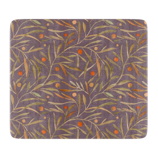 Elegant Watercolor Leaf Pattern  Purple Background Snijplank (Voorkant)