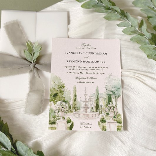 Elegant Watercolor Manor Garden Wedding Kaart