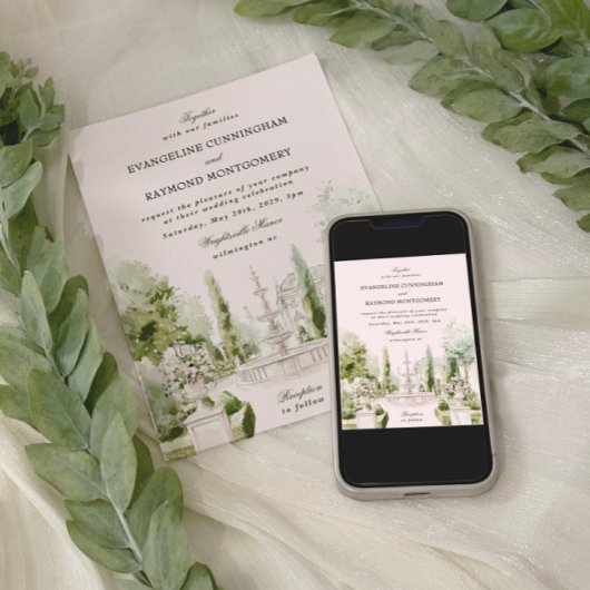 Elegant Watercolor Manor Garden Wedding Kaart